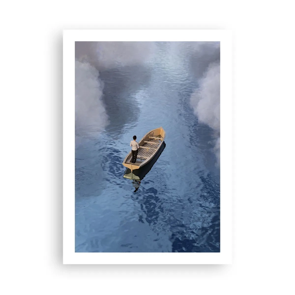 Affiche - Poster - Une personne dans un bateau flottant sur l'eau reflétant le ciel et les nuages. - 50x70cm - Vie – voyage – inconnu - Décoration murale moderne pour le salon et la chambre ARTTOR