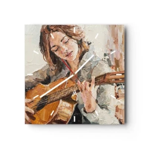 Horloge murale - Pendule murale - Portrait d'une fille jouant de la guitare dans un style pictural aux couleurs chaudes. - 30x30cm - Concerto pour guitare et coeur de fille - Décoration murale moderne pour le salon et la chambre ARTTOR