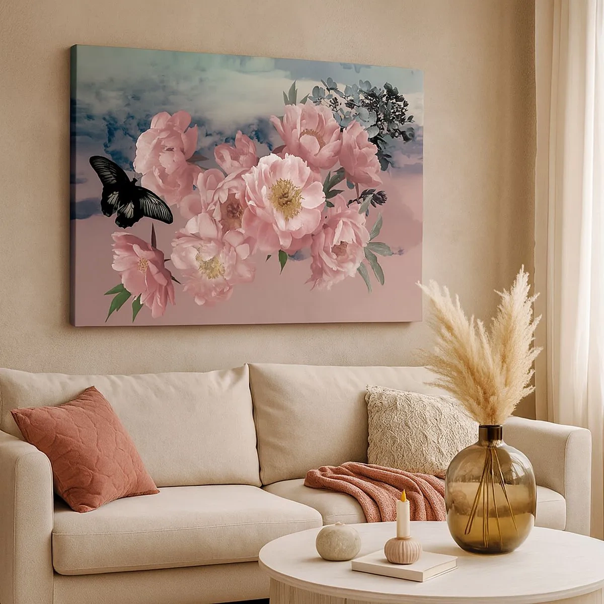 Impression sur toile - Image sur toile - Pivoines roses avec un papillon sur fond pastel - 70x50cm - Pic du romantisme - Décoration murale moderne pour le salon et la chambre ARTTOR