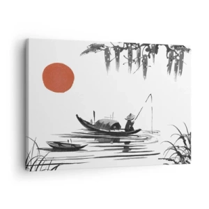 Impression sur toile - Image sur toile - Paysage oriental avec un pêcheur sur un bateau et un soleil rouge - 70x50cm - Après-midi asiatique - Décoration murale moderne pour le salon et la chambre ARTTOR