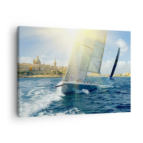 Impression sur toile - Image sur toile - Course de yachts sur fond de côte ensoleillée - 70x50cm - Il est temps de quitter la ville - Décoration murale moderne pour le salon et la chambre ARTTOR