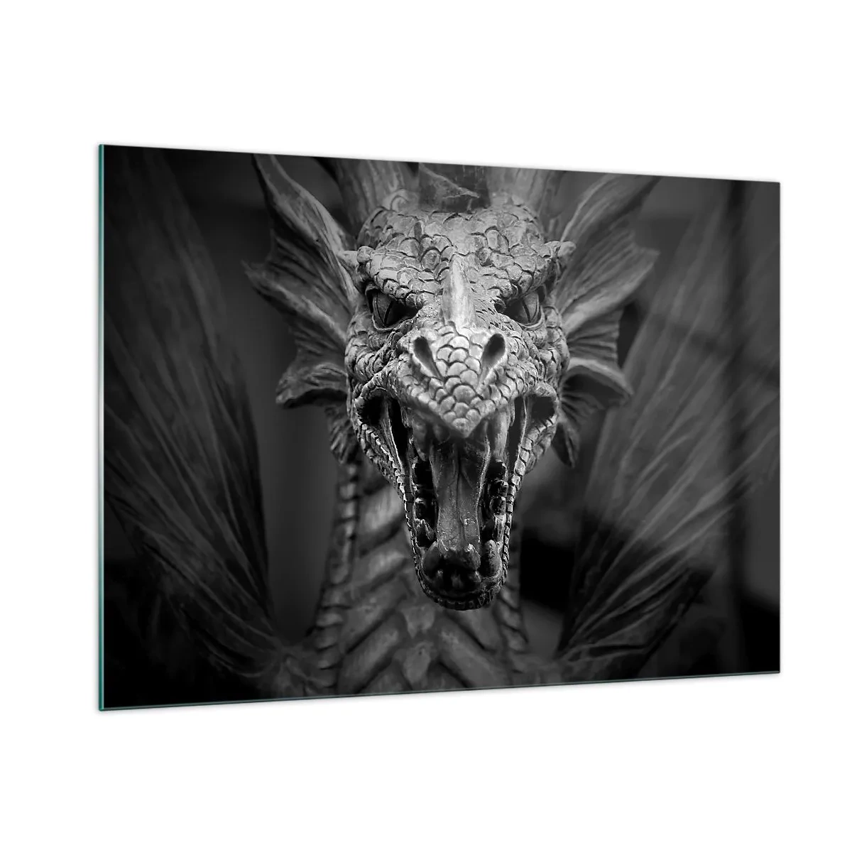 Impression sur verre - Image sur verre - Portrait détaillé d'un dragon en noir et blanc - 100x70cm - Un dragon imaginaire grisâtre - Décoration murale moderne pour le salon et la chambre ARTTOR