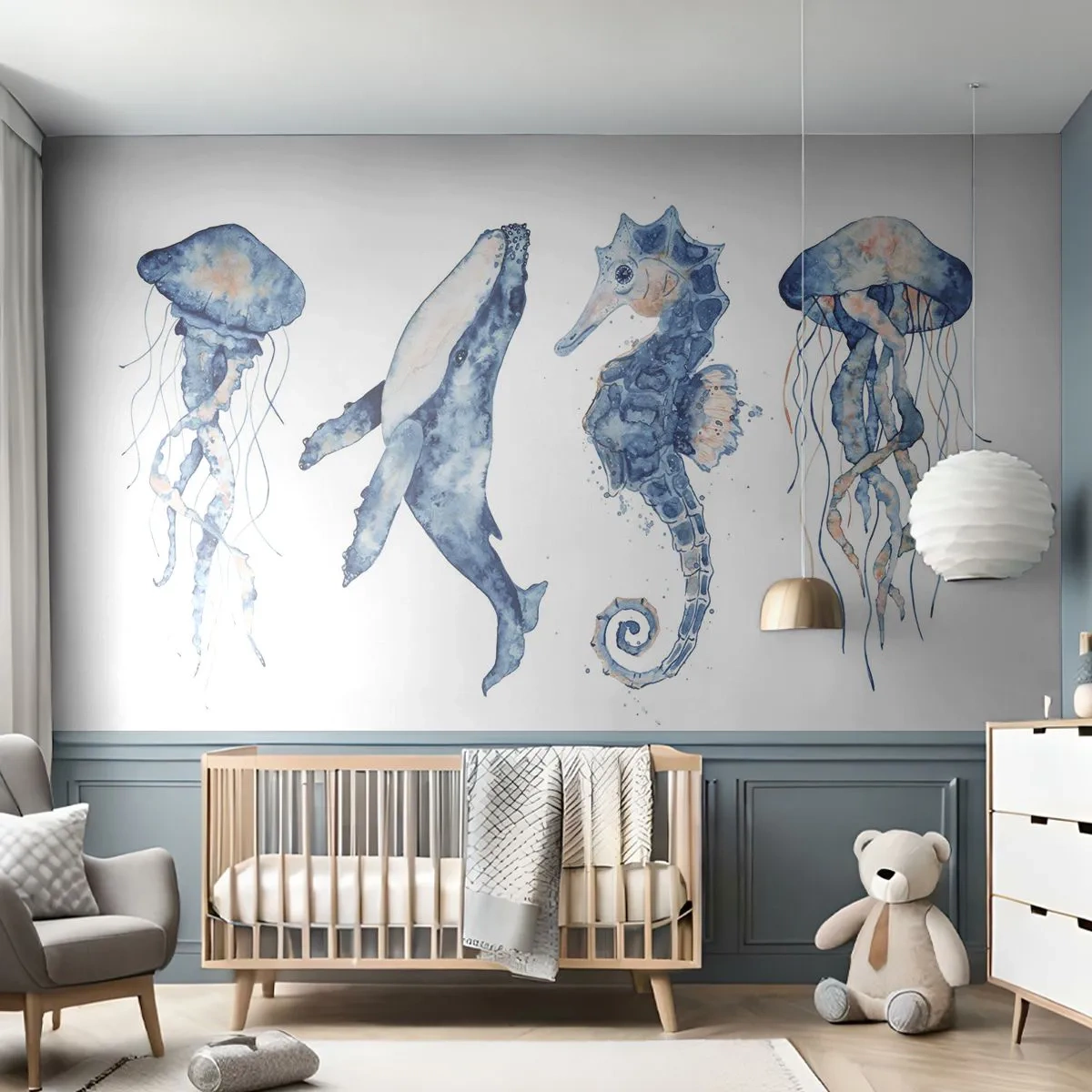 Papier Peint Photo Premium Sand - Illustrations à l'aquarelle de méduses, d'une baleine et d'un hippocampe - 100x70cm - Merveilles de la mer - Décoration murale moderne pour le salon et la chambre ARTTOR
