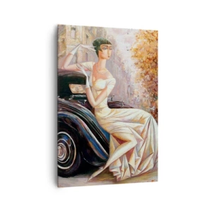 Impression sur toile - Image sur toile - Femme rétro à côté d'une voiture classique - 70x100cm - L'élégance dans un style rétro - Décoration murale moderne pour le salon et la chambre ARTTOR
