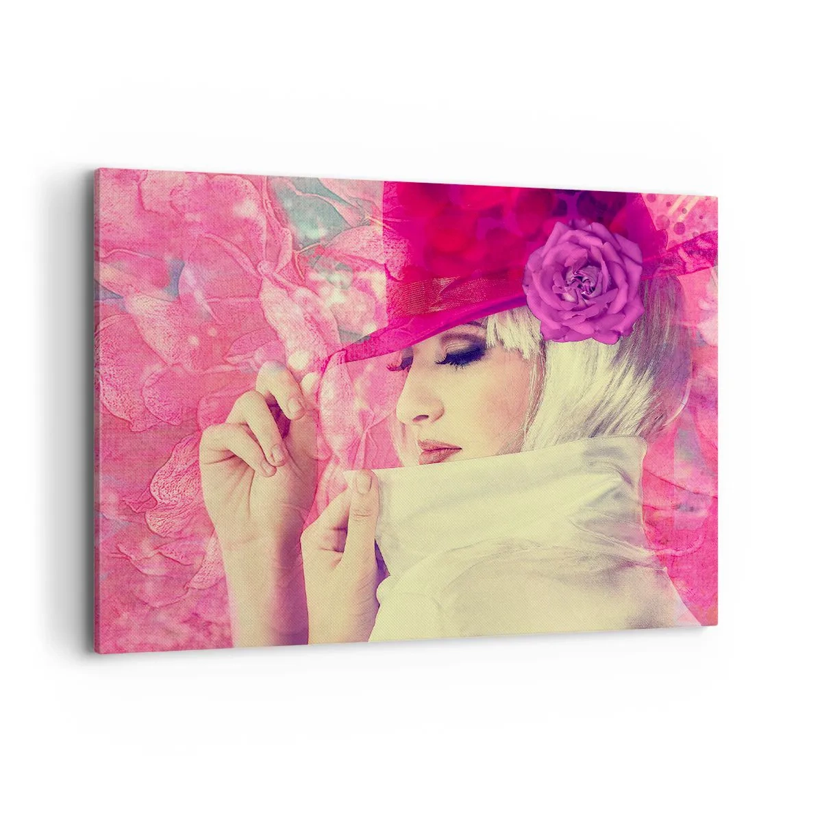 Impression sur toile - Image sur toile - Femme élégante avec un chapeau rose avec une fleur - 100x70cm - Portrait rétro dans une brume rose - Décoration murale moderne pour le salon et la chambre ARTTOR