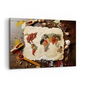 Impression sur toile - Image sur toile - Une carte du monde faite d'épices sur un fond en bois. - 120x80cm - Toutes les saveurs du monde - Décoration murale moderne pour le salon et la chambre ARTTOR
