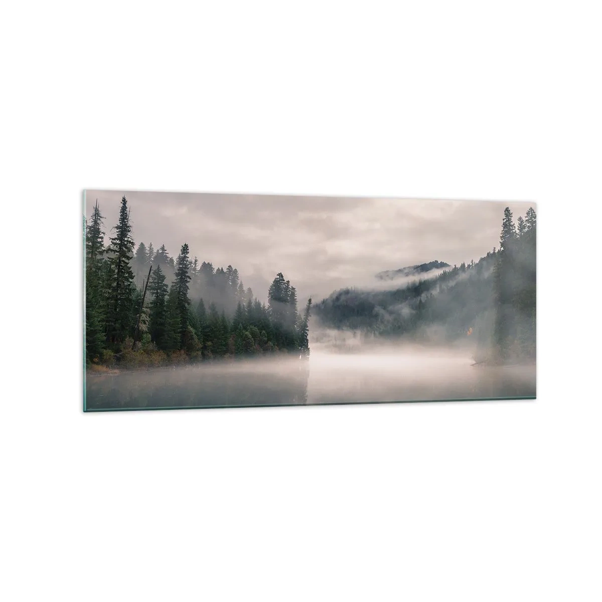 Impression sur verre - Image sur verre - Une forêt brumeuse se reflétant dans un lac calme - 120x50cm - Reflet dans le brouillard - Décoration murale moderne pour le salon et la chambre ARTTOR