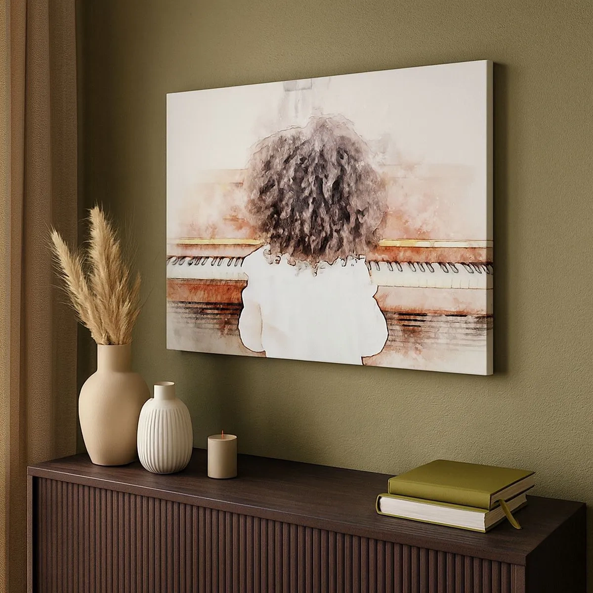 Impression sur toile - Image sur toile - Une fille aux cheveux touffus au piano - 70x50cm - Dans un nouveau monde - Décoration murale moderne pour le salon et la chambre ARTTOR
