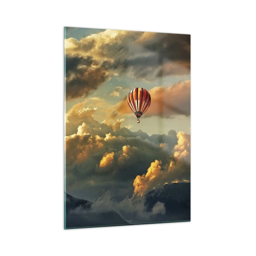Impression sur verre - Image sur verre - Un ballon flottant au-dessus des montagnes parmi les nuages au coucher du soleil - 50x70cm - Je vole parce que je veux - Décoration murale moderne pour le salon et la chambre ARTTOR