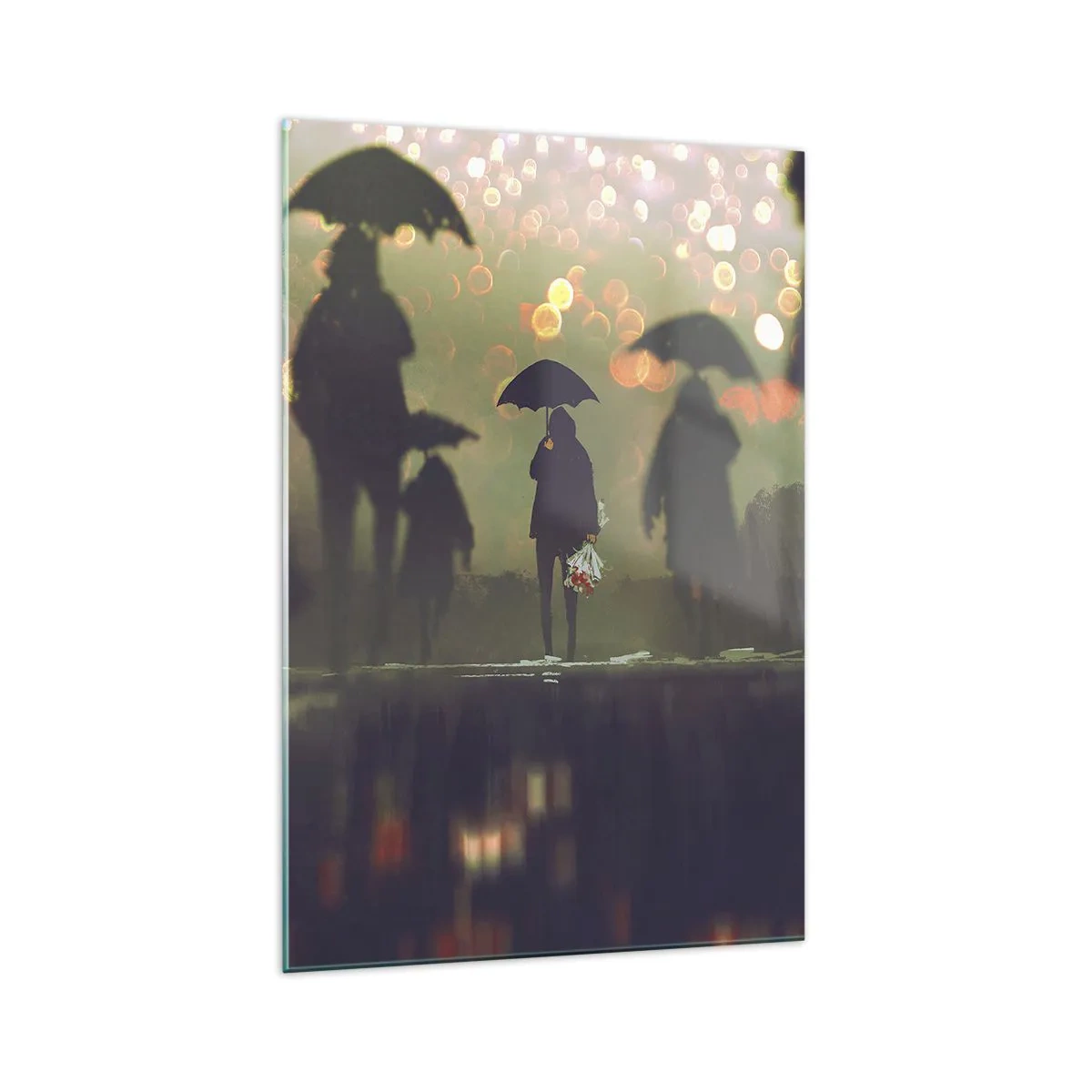 Impression sur verre - Image sur verre - Une silhouette avec un parapluie un soir pluvieux parmi les lumières de la ville - 70x100cm - Du point de vue d'une goutte de pluie - Décoration murale moderne pour le salon et la chambre ARTTOR