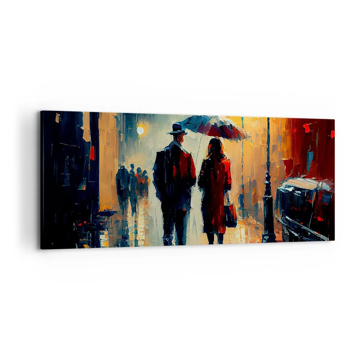 Impression sur toile - Image sur toile - Marcher sous la pluie sous un parapluie en ville la nuit - 120x50cm - Histoire d'amour urbaine - Décoration murale moderne pour le salon et la chambre ARTTOR