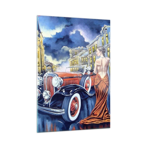 Impression sur verre - Image sur verre - Une femme dans une robe élégante à côté d'une voiture classique - 50x70cm - Nocturne en bleu et corail - Décoration murale moderne pour le salon et la chambre ARTTOR