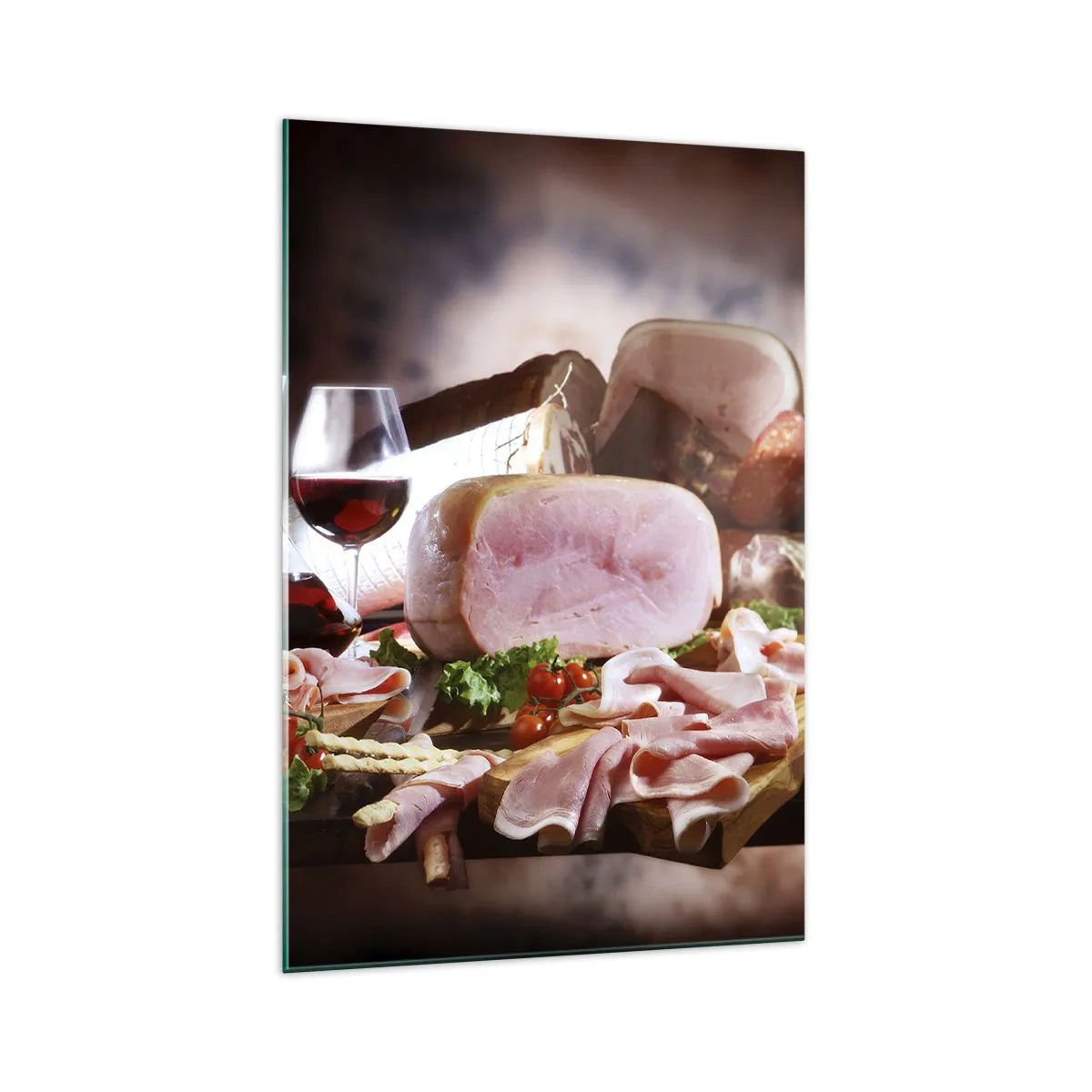 Impression sur verre - Image sur verre - Charcuterie au vin sur fond rustique - 70x100cm - Un rêve culinaire avec une carafe - Décoration murale moderne pour le salon et la chambre ARTTOR