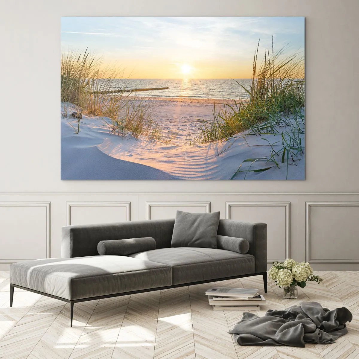 Impression sur verre - Image sur verre - Plage au coucher du soleil avec vue sur la mer et les herbes des dunes - 100x70cm - Le bruit de la mer, le chant des oiseaux, une plage sauvage parmi les herbes… - Décoration murale moderne pour le salon et la cham