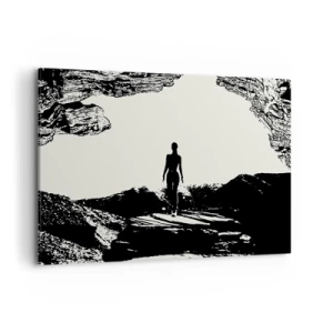 Impression sur toile - Image sur toile - Silhouette noire et blanche d'une femme dans une grotte contre le ciel - 120x80cm - Nouveau look - Décoration murale moderne pour le salon et la chambre ARTTOR