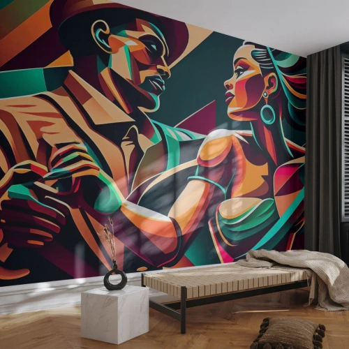 Papier Peint Photo Premium Canvas - Un couple stylisé dansant dans des couleurs vibrantes et géométriques. - 100x70cm - Au rythme du coeur - Décoration murale moderne pour le salon et la chambre ARTTOR
