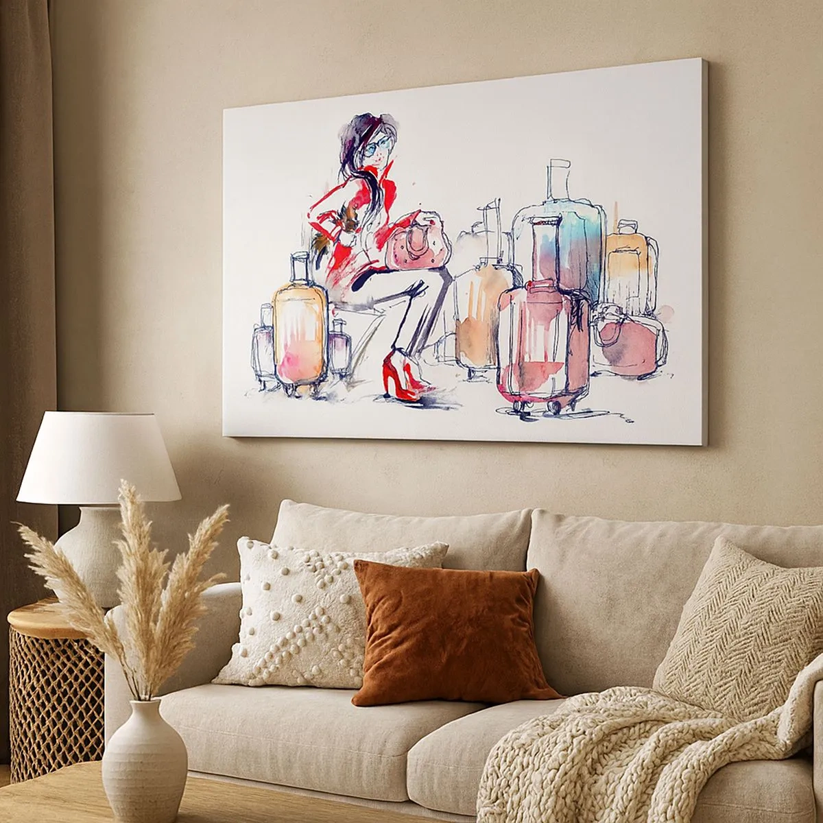 Impression sur toile - Image sur toile - Une femme avec des valises dans une illustration aquarelle dynamique - 70x50cm - Asseyons-nous avant le voyage - Décoration murale moderne pour le salon et la chambre ARTTOR