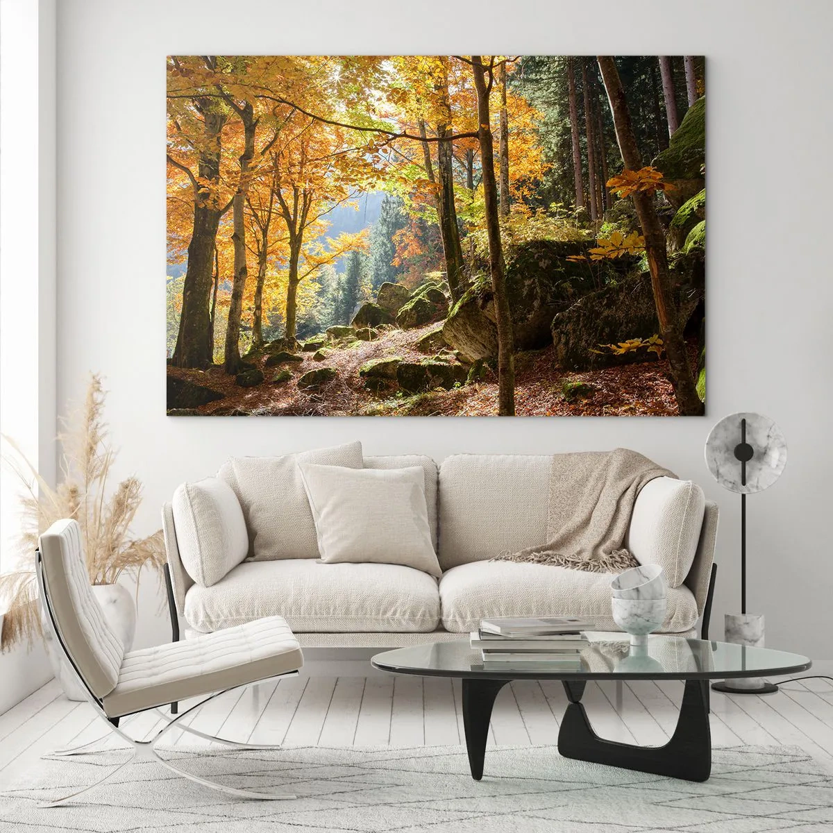 Impression sur verre - Image sur verre - Forêt d'automne avec rayons de soleil et pierres - 70x50cm - Il est temps de se détendre - Décoration murale moderne pour le salon et la chambre ARTTOR
