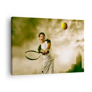 Impression sur toile - Image sur toile - Joueur de tennis en action lors d'un match avec en toile de fond un paysage urbain - 70x50cm - Énergie et joie - Décoration murale moderne pour le salon et la chambre ARTTOR