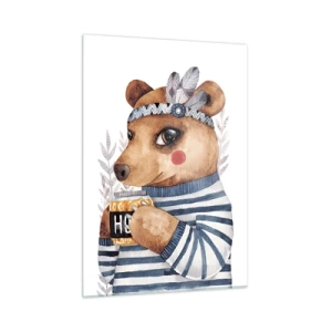 Impression sur verre - Image sur verre - Un ours en peluche rayé avec une tasse de miel et des plumes - 50x70cm - Un nounours trop mignon - Décoration murale moderne pour le salon et la chambre ARTTOR