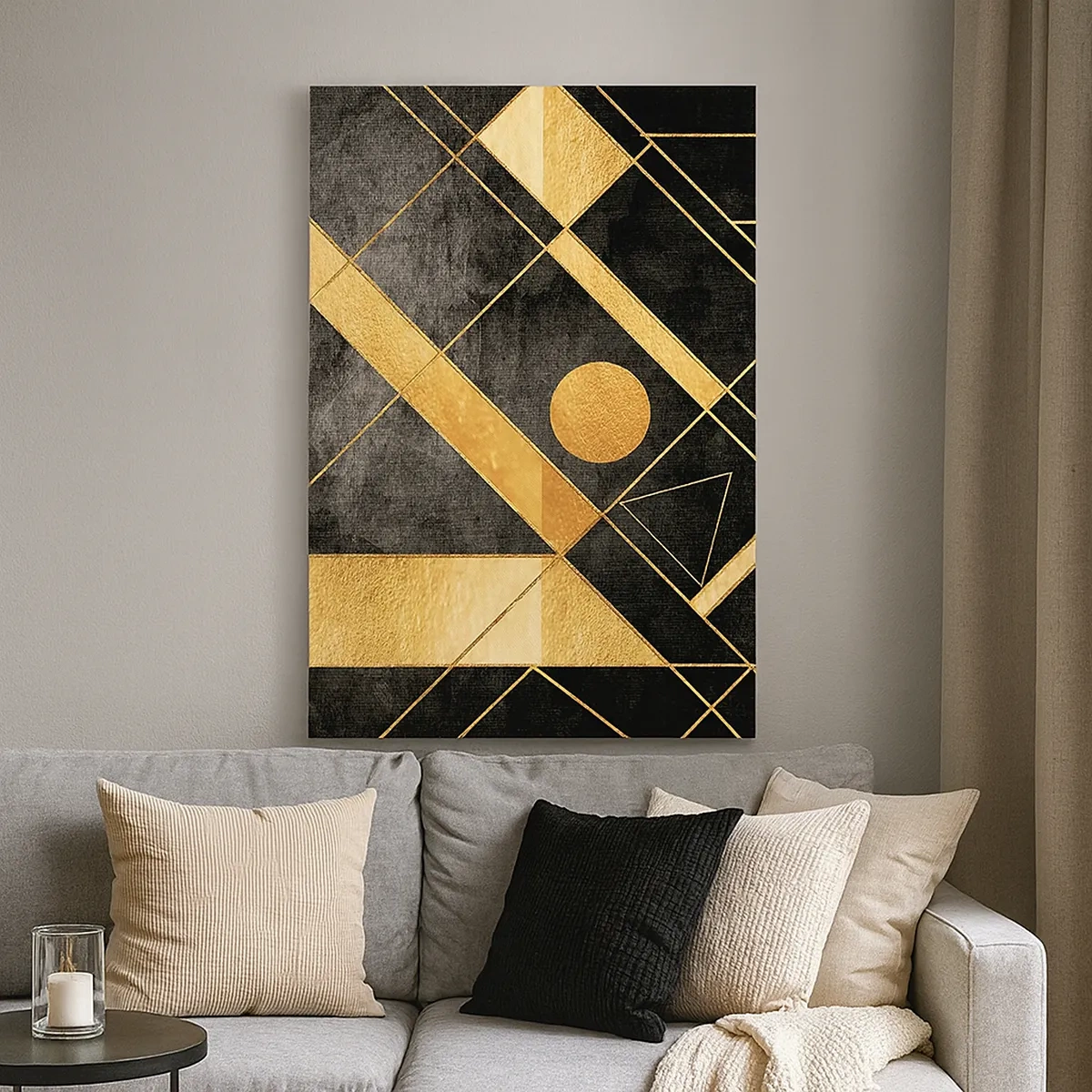 Impression sur toile - Image sur toile - Formes géométriques dans les tons or et noir - 50x70cm - Soleil du désert - Décoration murale moderne pour le salon et la chambre ARTTOR