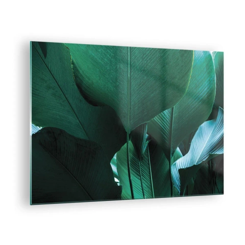 Impression sur verre - Image sur verre - Feuilles tropicales aux nuances de vert intenses - 70x50cm - Tourné vers la lumière - Décoration murale moderne pour le salon et la chambre ARTTOR