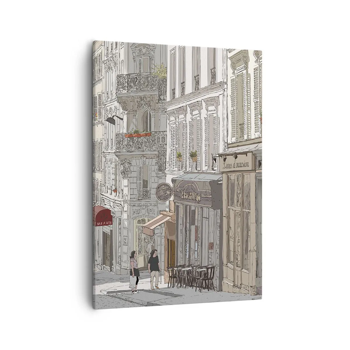 Impression sur toile - Image sur toile - Illustration d'une rue de la ville avec des cafés et des magasins - 50x70cm - Joie de la ville - Décoration murale moderne pour le salon et la chambre ARTTOR
