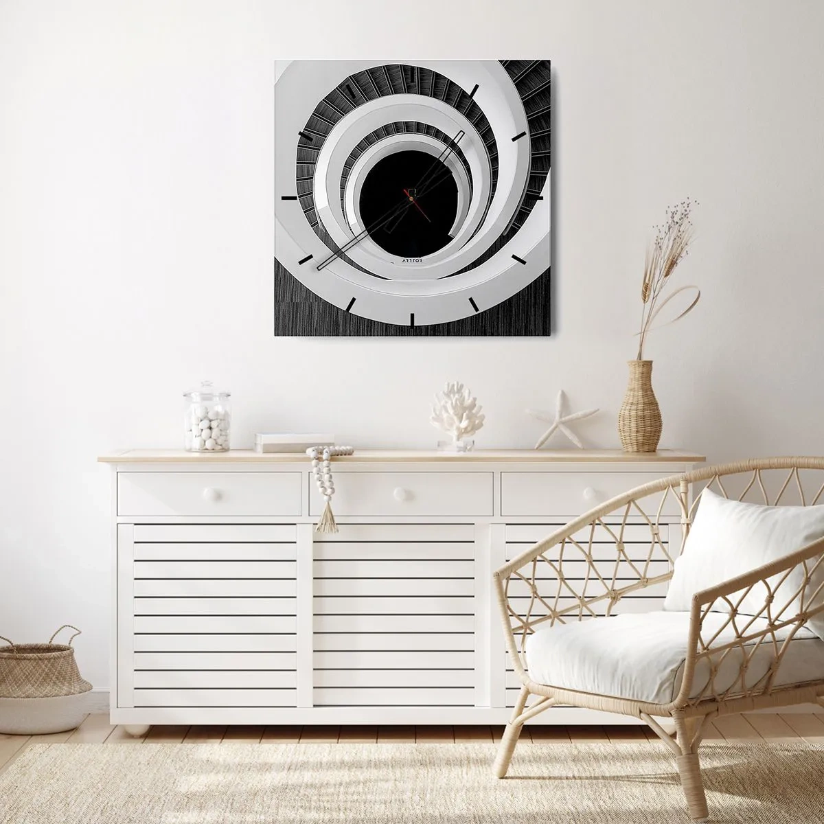 Horloge murale - Pendule murale - Escalier en colimaçon noir et blanc de style moderne - 30x30cm - Les choses concrêtes - Décoration murale moderne pour le salon et la chambre ARTTOR