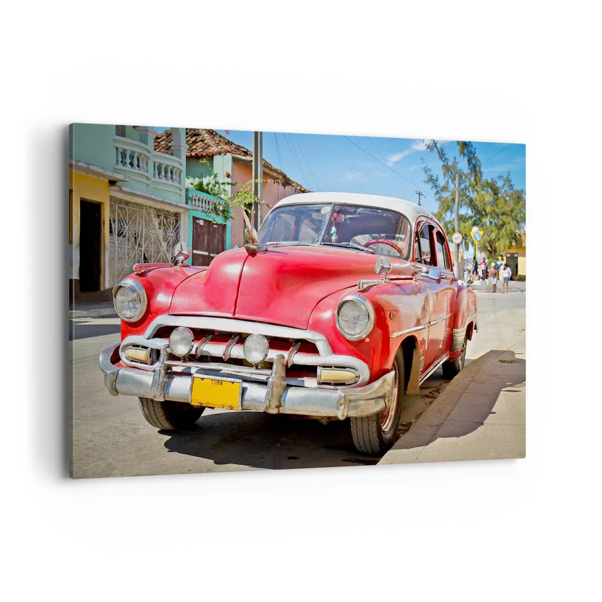 Impression sur toile - Image sur toile - Une voiture classique rouge garée dans la rue par une journée ensoleillée - 120x80cm - Seulement à Cuba - Décoration murale moderne pour le salon et la chambre ARTTOR