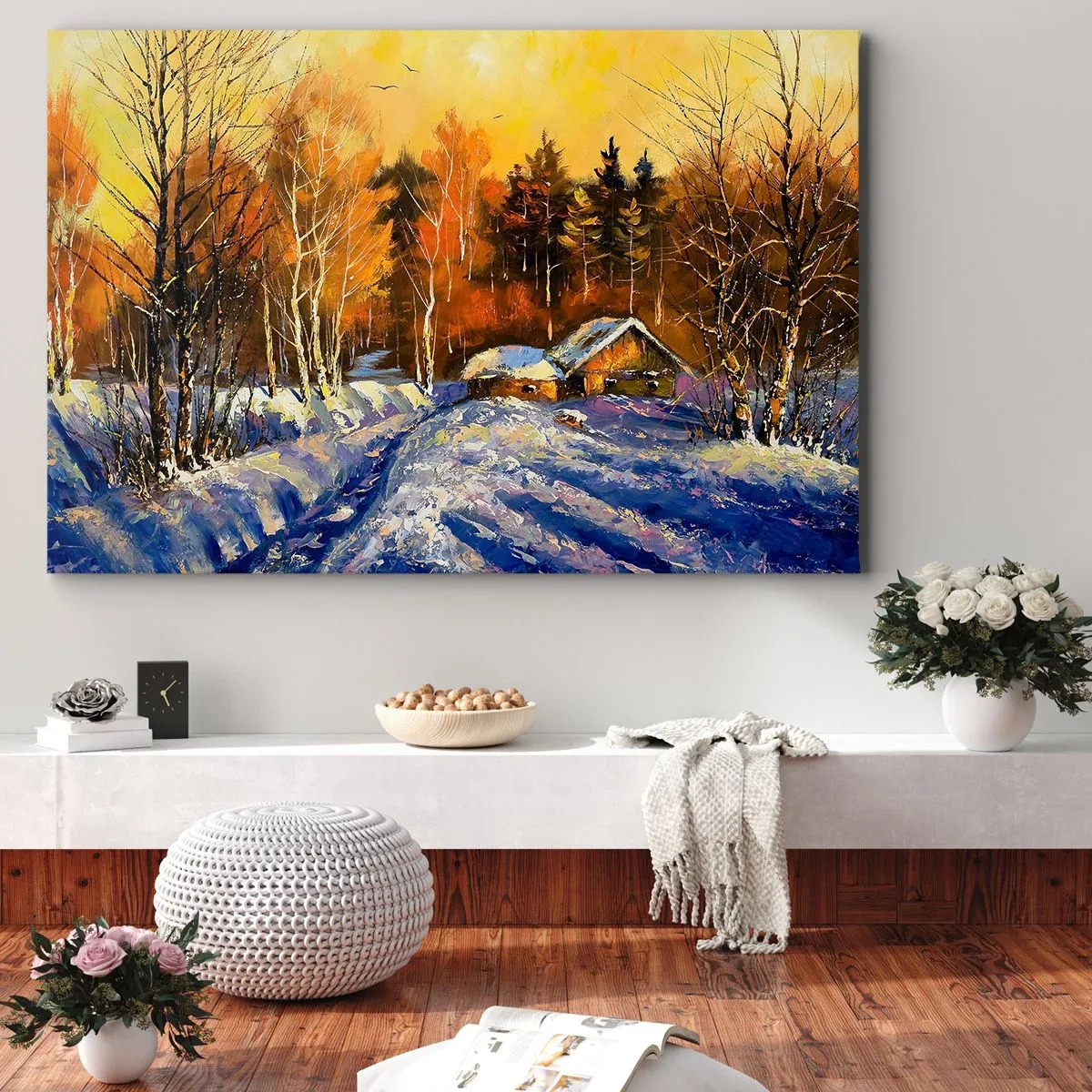 Impression sur toile - Image sur toile - Paysage d'hiver avec une maison à la lumière du soleil couchant - 100x70cm - Impression d'hiver au soleil - Décoration murale moderne pour le salon et la chambre ARTTOR