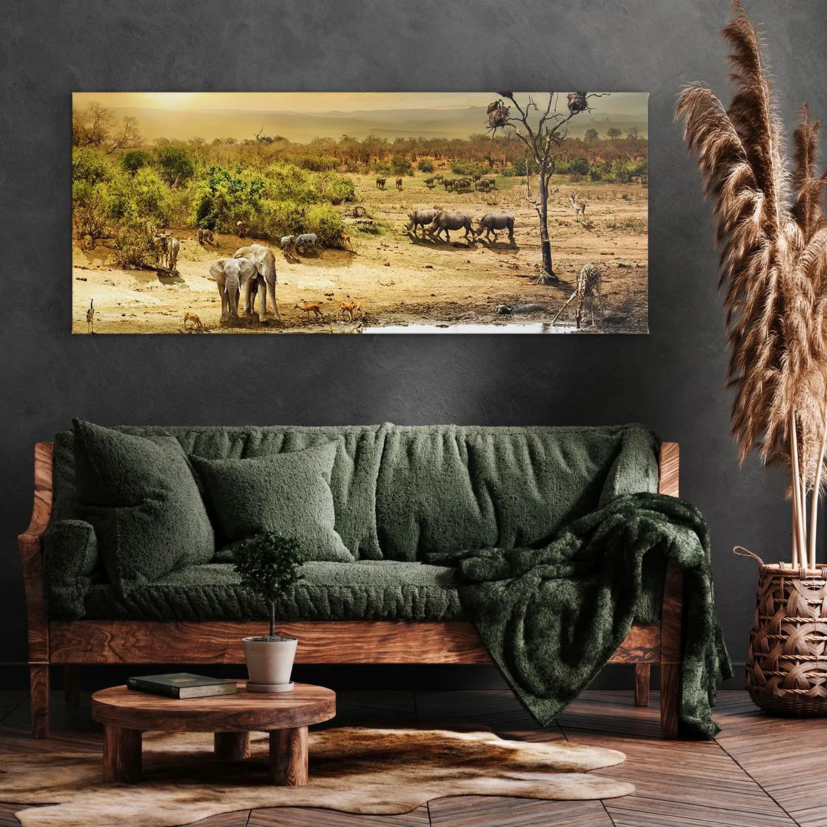 Impression sur toile - Image sur toile - Éléphants et animaux sauvages à un point d'eau au coucher du soleil - 120x50cm - "Et d'Eden coulait une rivière..." - Décoration murale moderne pour le salon et la chambre ARTTOR