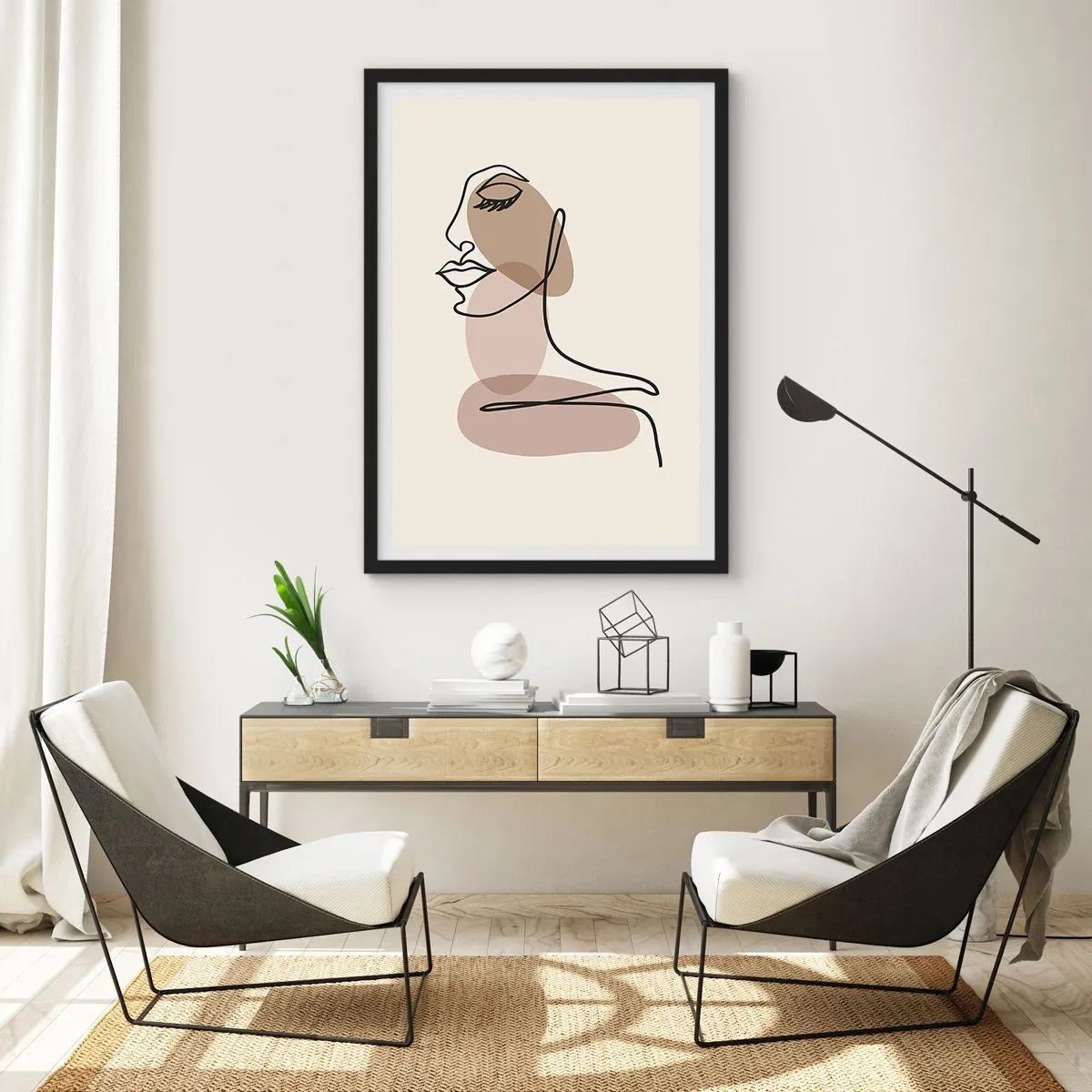Affiche dans un cadre noir - Poster - Un portrait minimaliste d'une femme dans des tons beiges. - 50x70cm - S'écouter - Décoration murale moderne pour le salon et la chambre ARTTOR