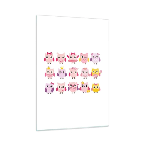 Impression sur verre - Image sur verre - Hiboux colorés aux motifs variés sur fond blanc - 50x70cm - L'un est plus doux que l'autre - Décoration murale moderne pour le salon et la chambre ARTTOR