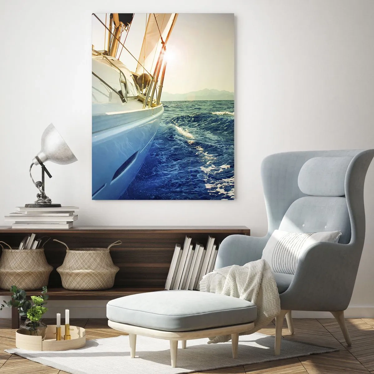 Impression sur verre - Image sur verre - Un voilier sur une mer calme à la lumière du soleil couchant - 50x70cm - Suite à l'aventure - Décoration murale moderne pour le salon et la chambre ARTTOR