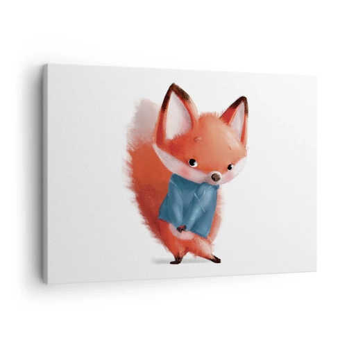 Impression sur toile - Image sur toile - Un renard mignon dans un costume bleu - 70x50cm - Est-ce que ça me va? - Décoration murale moderne pour le salon et la chambre ARTTOR