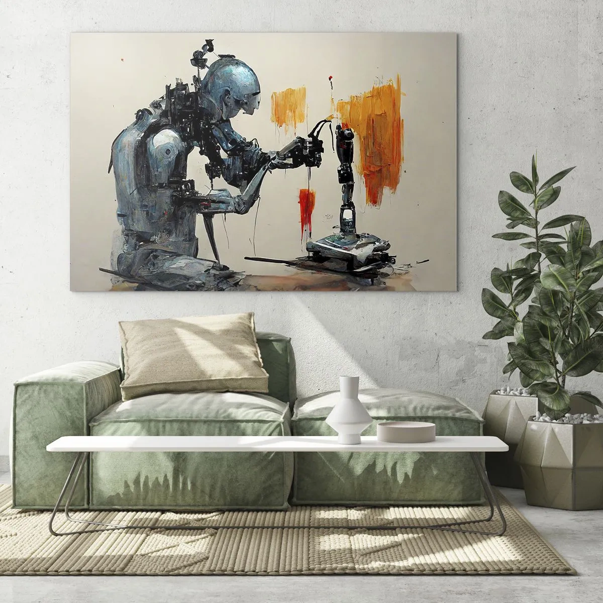 Impression sur verre - Image sur verre - Un robot peignant une main mécanique sur un fond abstrait. - 100x70cm - Déjà demain… - Décoration murale moderne pour le salon et la chambre ARTTOR