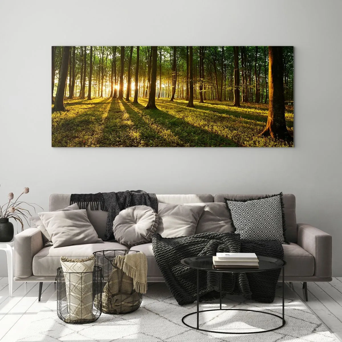 Impression sur verre - Image sur verre - Le soleil couchant dans la forêt de feuillus - 120x50cm - Toutes les photographies de printemps - Décoration murale moderne pour le salon et la chambre ARTTOR