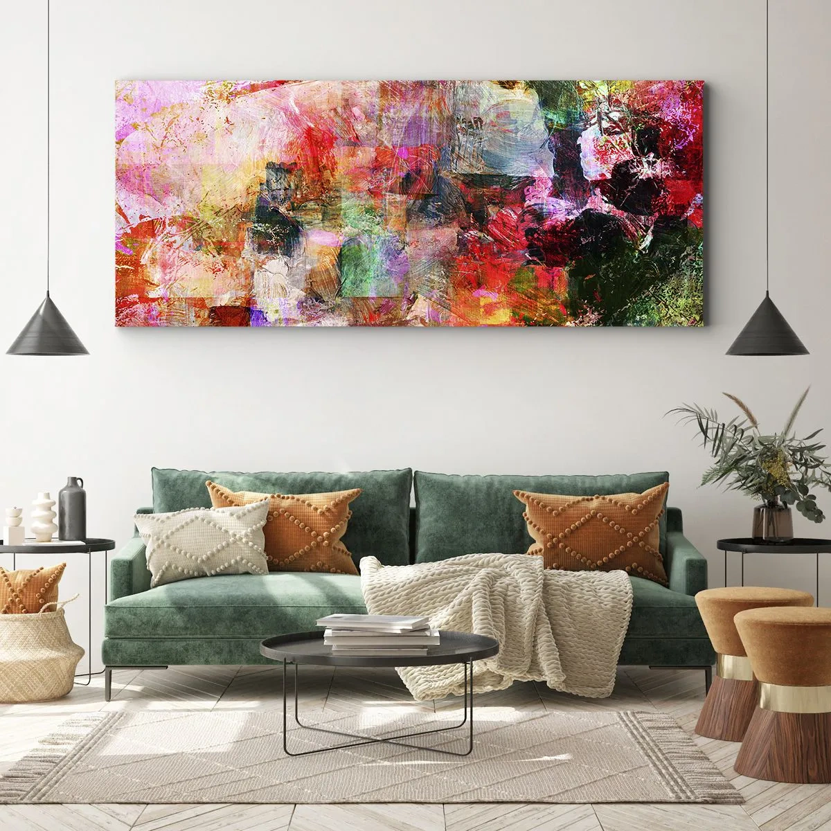 Impression sur toile - Image sur toile - Une composition abstraite aux tons dominants rose et rouge. - 140x50cm - Un voyage à travers les roses - Décoration murale moderne pour le salon et la chambre ARTTOR