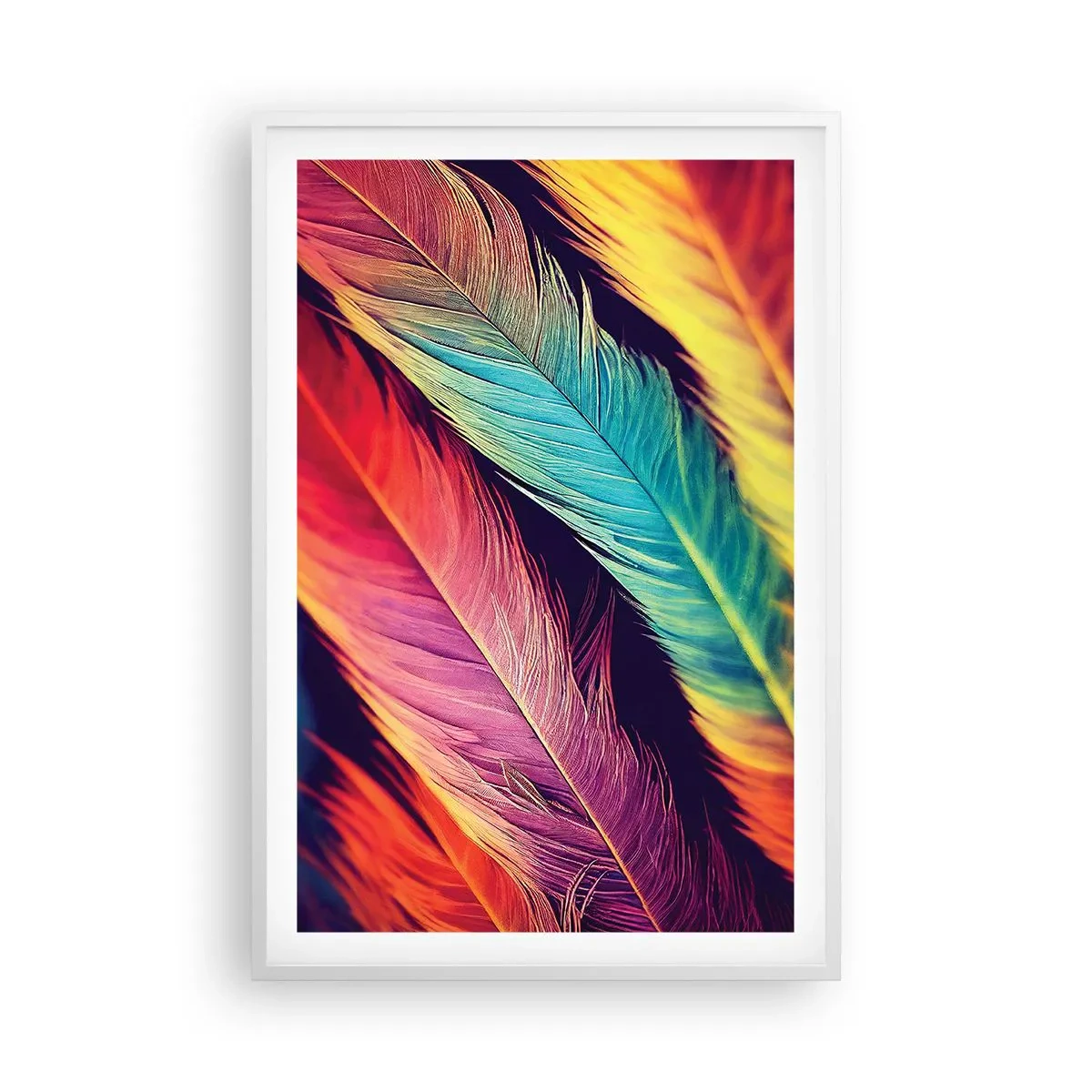 Affiche dans un cadre blanc - Poster - Arc-en-ciel de plumes - 61x91 cm