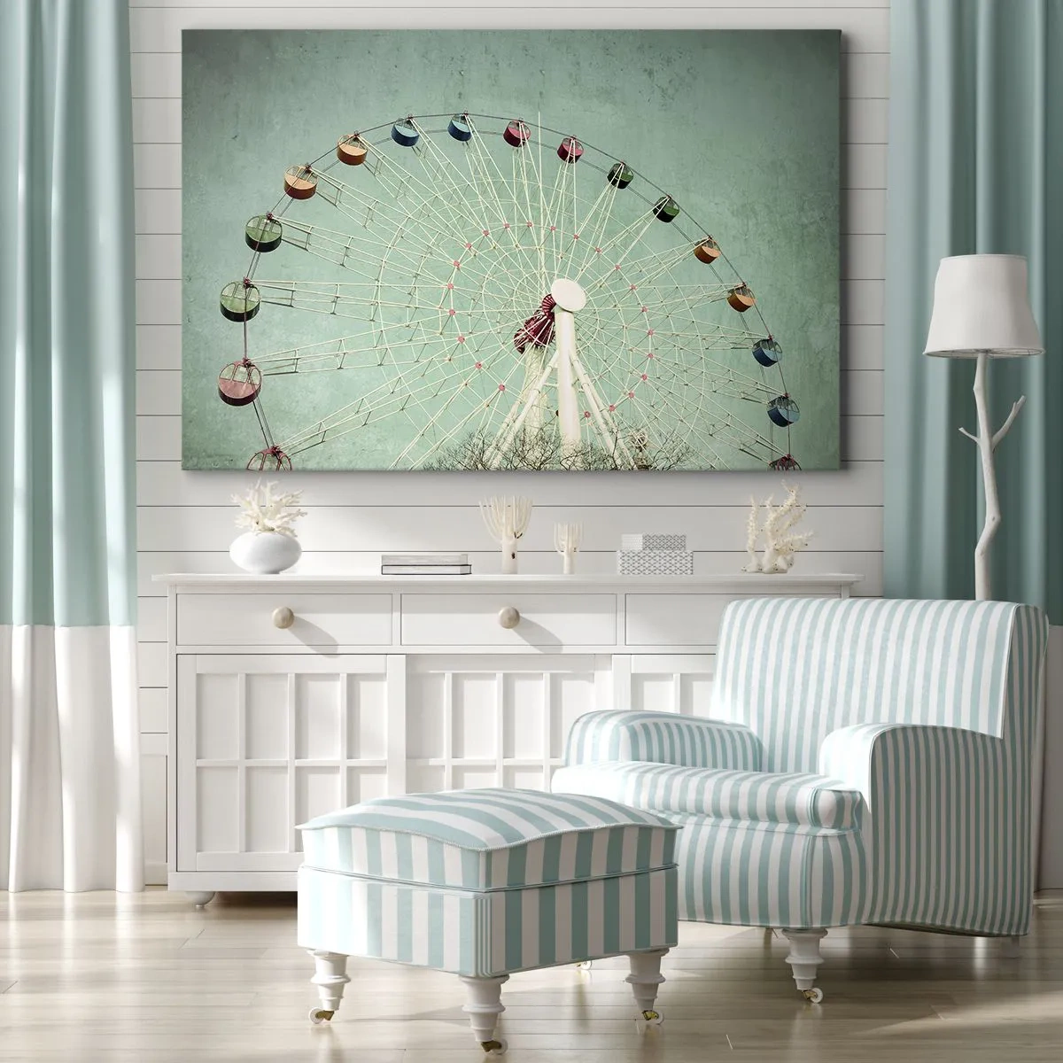 Impression sur toile - Image sur toile - Une grande roue colorée contre un ciel bleu dans un style rétro - 120x80cm - Nous vous invitons à vous amuser - Décoration murale moderne pour le salon et la chambre ARTTOR