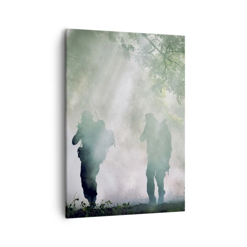 Impression sur toile - Image sur toile - Silhouettes de soldats dans une forêt entourée de brouillard - 50x70cm - Un pour tous… - Décoration murale moderne pour le salon et la chambre ARTTOR