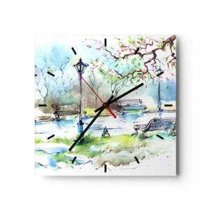 Horloge murale - Pendule murale - Scène de parc à l'aquarelle avec bancs et lampes - 30x30cm - Le charme du silence d'un parc - Décoration murale moderne pour le salon et la chambre ARTTOR