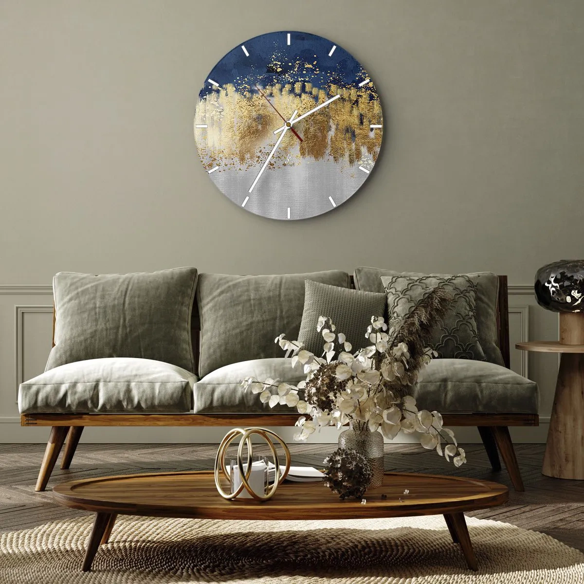 Horloge murale - Pendule murale - Des reflets dorés et un fond bleu-argent dans un style abstrait - 30x30cm - Une composition moderne et pétillante - Décoration murale moderne pour le salon, la cuisine et la chambre ARTTOR