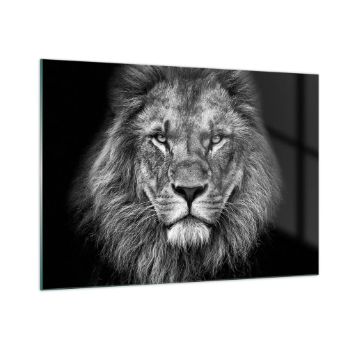Impression sur verre - Image sur verre - Portrait d'un lion en noir et blanc avec une crinière majestueuse - 100x70cm - En vêtement de sacre - Décoration murale moderne pour le salon et la chambre ARTTOR