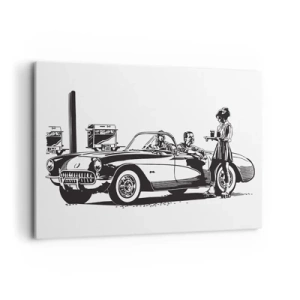 Impression sur toile - Image sur toile - Une scène rétro en noir et blanc avec une voiture et une serveuse en patins à roulettes. - 100x70cm - 60's - Amérique insouciante - Décoration murale moderne pour le salon et la chambre ARTTOR