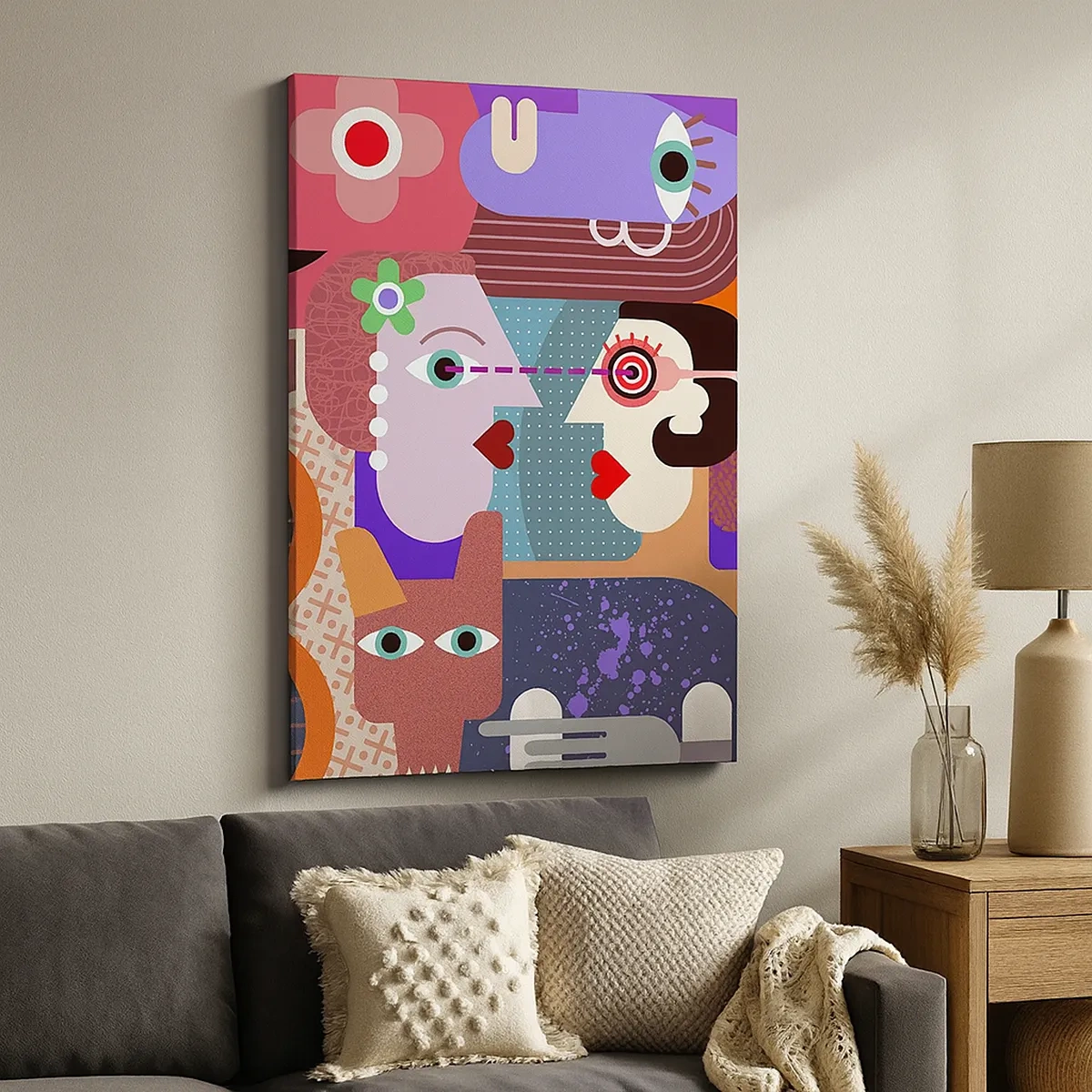 Impression sur toile - Image sur toile - Figures abstraites aux couleurs vives - 50x70cm - Les yeux dans les yeux - Décoration murale moderne pour le salon et la chambre ARTTOR