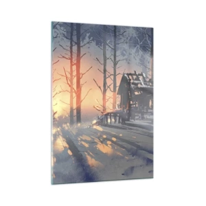Impression sur verre - Image sur verre - Forêt d'hiver au coucher du soleil avec un chalet en arrière-plan - 50x70cm - Seul le soleil regarde ici - Décoration murale moderne pour le salon et la chambre ARTTOR