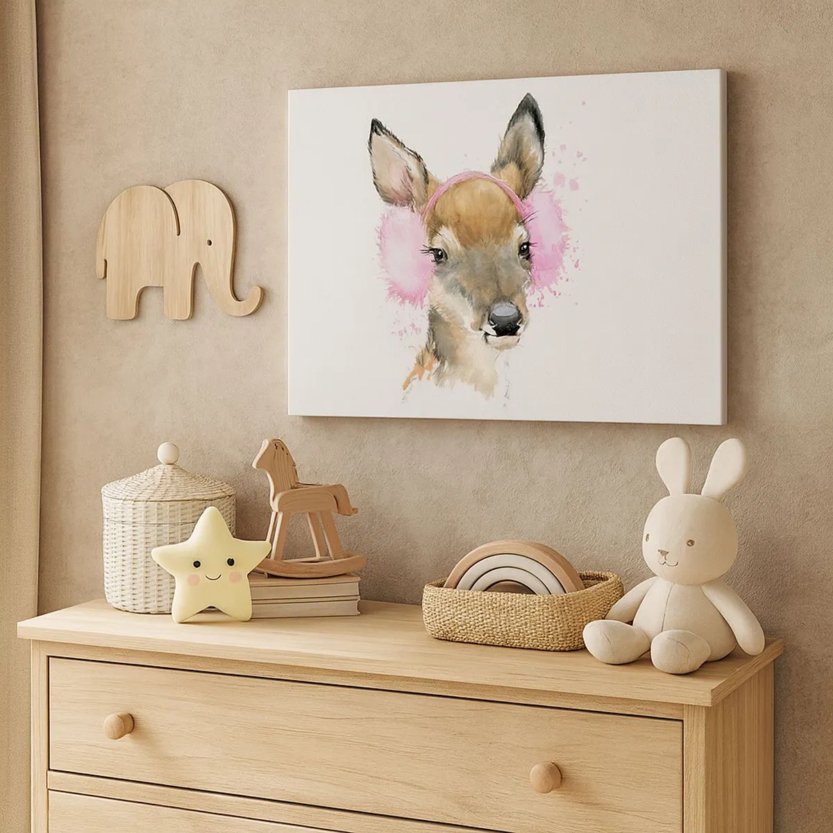 Impression sur toile - Image sur toile - Cerf aquarelle avec cache-oreilles roses - 70x50cm - Et le gel n'effraie plus - Décoration murale moderne pour le salon et la chambre ARTTOR