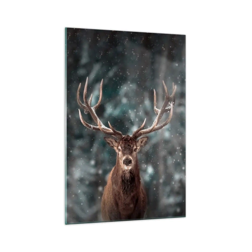 Impression sur verre - Image sur verre - Cerf dans une forêt d'hiver avec de la neige qui tombe - 70x100cm - Roi de la forêt couronné - Décoration murale moderne pour le salon et la chambre ARTTOR