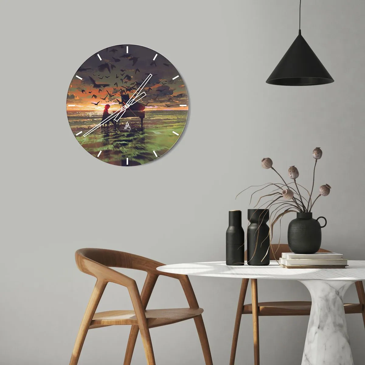 Horloge murale - Pendule murale - Un pianiste jouant sur fond de coucher de soleil - 30x30cm - Concert pour piano et vagues - Décoration murale moderne pour le salon, la cuisine et la chambre ARTTOR